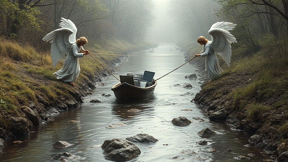 Angels passing computer data across a stream of sewage