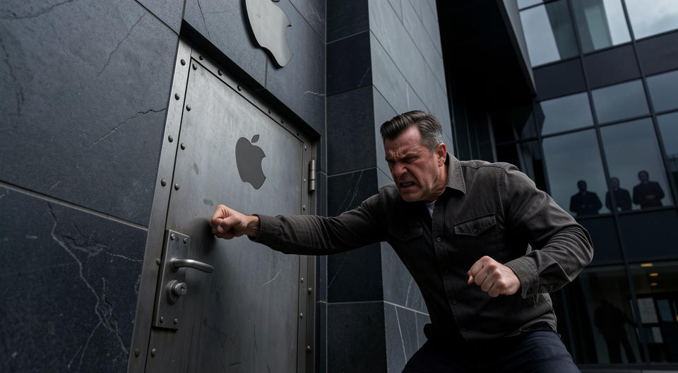 a man knocking angrily on Apple's door