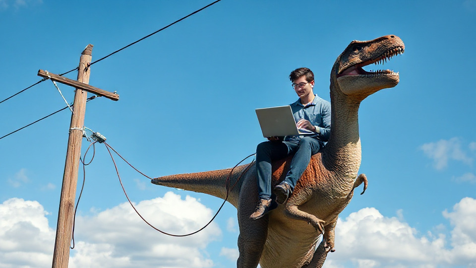 Man sitting on a dinosaur with a laptop
