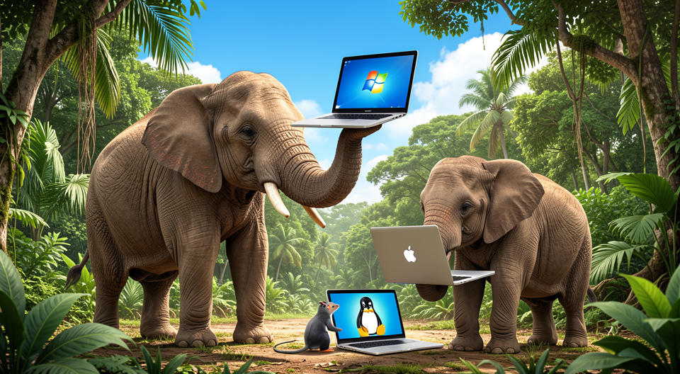two elephants and a mouse looking at laptops
