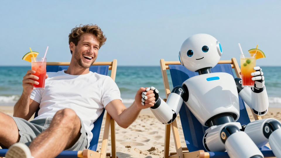 A man and a robot relaxing together on a beach