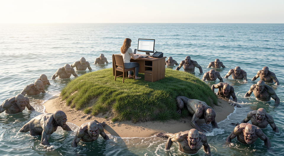 a woman surrounded by monsters