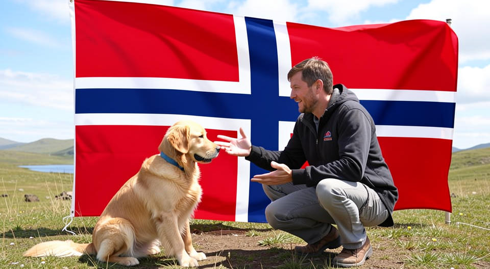 a man talking to a dog in front of a flag of Norway
