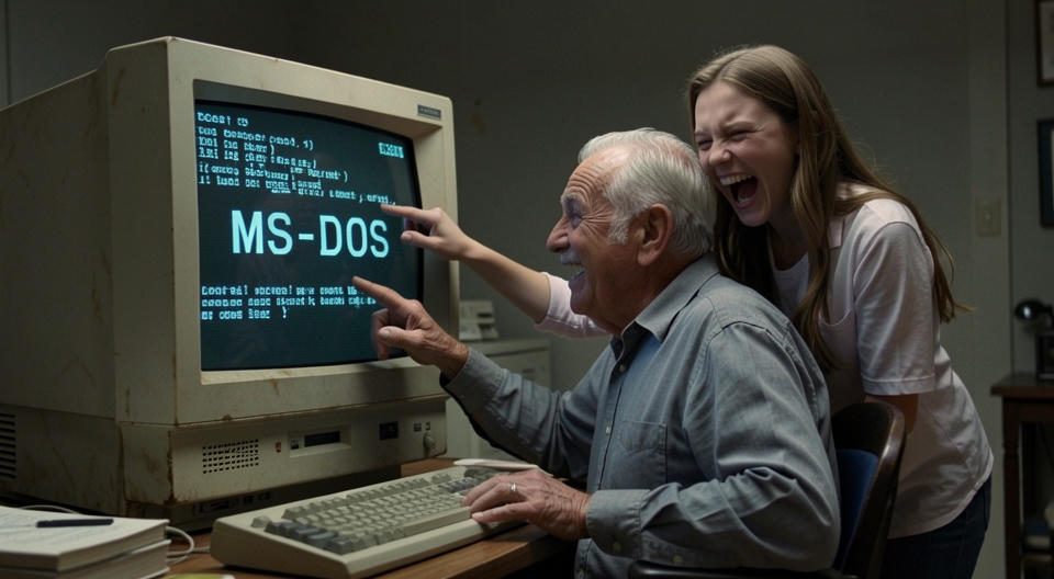 a young woman and an old man laughing at an old computer